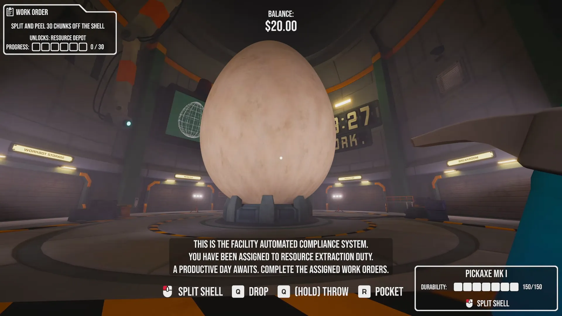 Giant egg in the laboratory with a Pickaxe equipped and the first Work Order showing 0/30