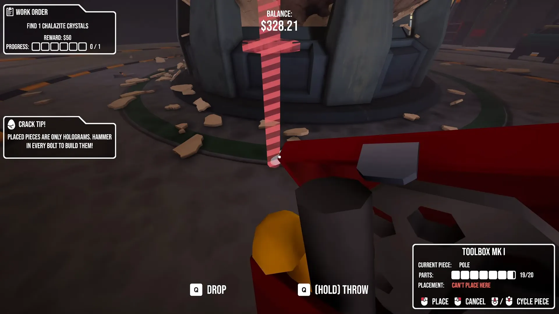 Red Pole hologram beside the egg, with a Toolbox held and a tip about hammering every bolt
